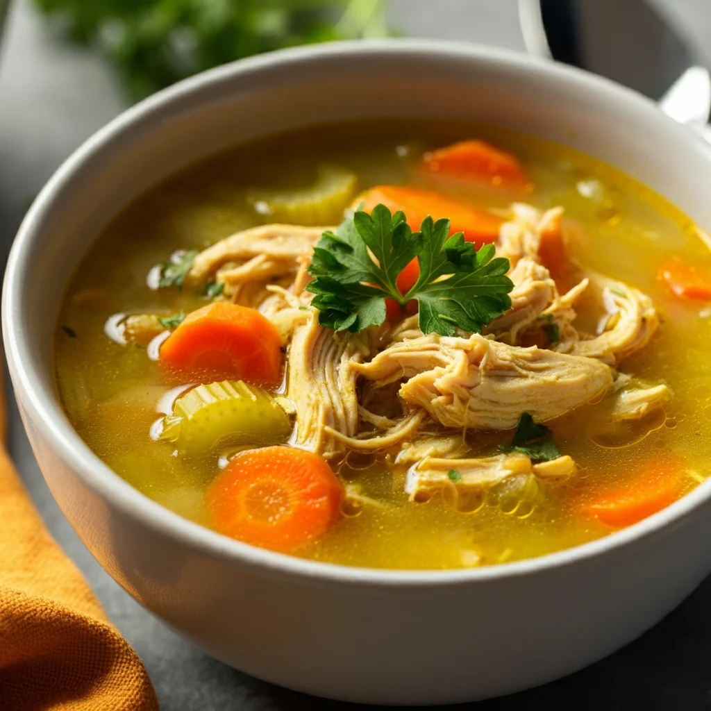 Anti-Inflammatory Turmeric Chicken Soup Casual handheld photo of turmeric chicken soup in a bowl, with shredded chicken, carrots, celery, and parsley in a golden broth on a kitchen table.