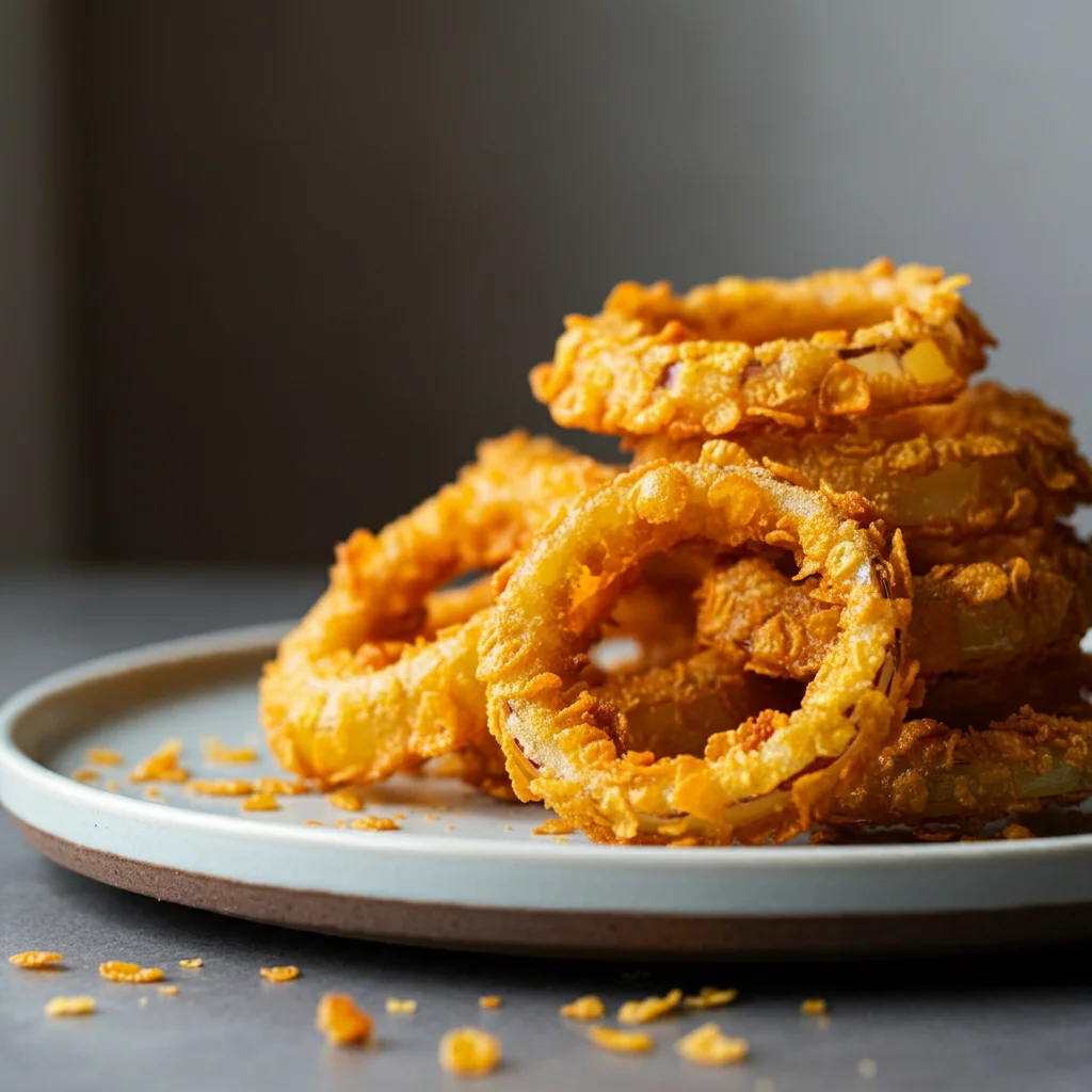 WW Onion Rings Plate of golden, crispy WW onion rings with scattered crumbs, captured from a tilted angle with a cozy, blurred kitchen background.