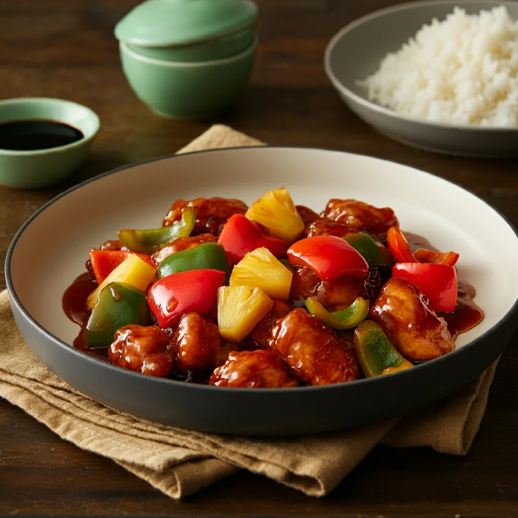 WW Baked Sweet and Sour Chicken Overhead handheld shot of WW Baked Sweet and Sour Chicken with chicken, bell peppers, pineapple, and onions, with rice and soy sauce on the side.