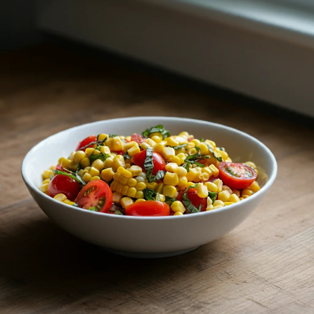 WW Corn Tomato Basil Salad Overhead view of corn, tomatoes, and basil in a glass bowl on a wooden surface, ready to be mixed.