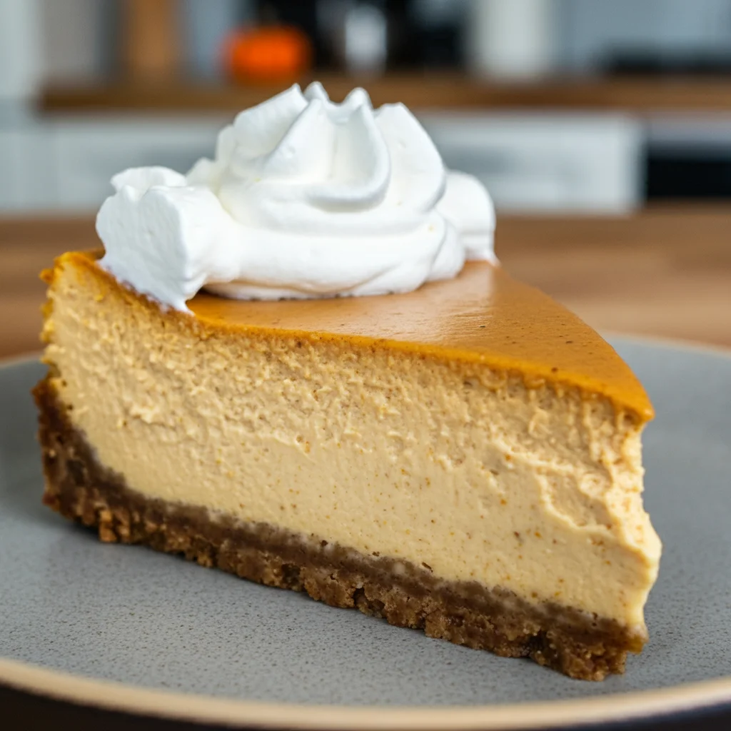 WW Pumpkin Pie Cheesecake Slice of WW Pumpkin Pie Cheesecake with whipped cream on top, served on a plate. Photo taken from a casual, handheld mobile angle with soft, warm lighting.