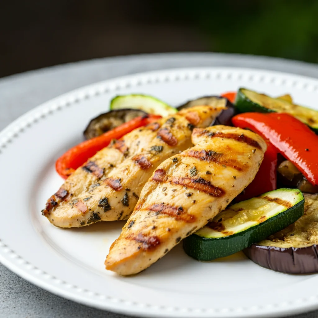 WW Grilled Chicken with Seasoned Vegetables Overhead handheld shot of WW Grilled Chicken with Seasoned Vegetables, showing golden-brown chicken with grilled zucchini, red bell pepper, and eggplant.