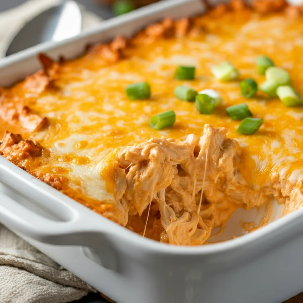 WW Baked Buffalo Chicken Dip Close-up of WW Baked Buffalo Chicken Dip in a baking dish, showing melted cheese and shredded chicken, garnished with scallions in natural light.