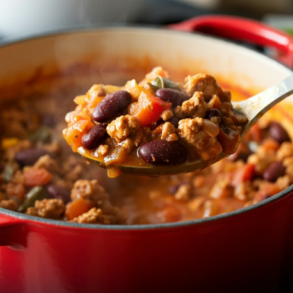 WW Turkey Chili WW Turkey Chili in a red pot with ground turkey, beans, and vegetables in a thick sauce, steam rising, and a ladle resting inside, shot casually on a kitchen counter.