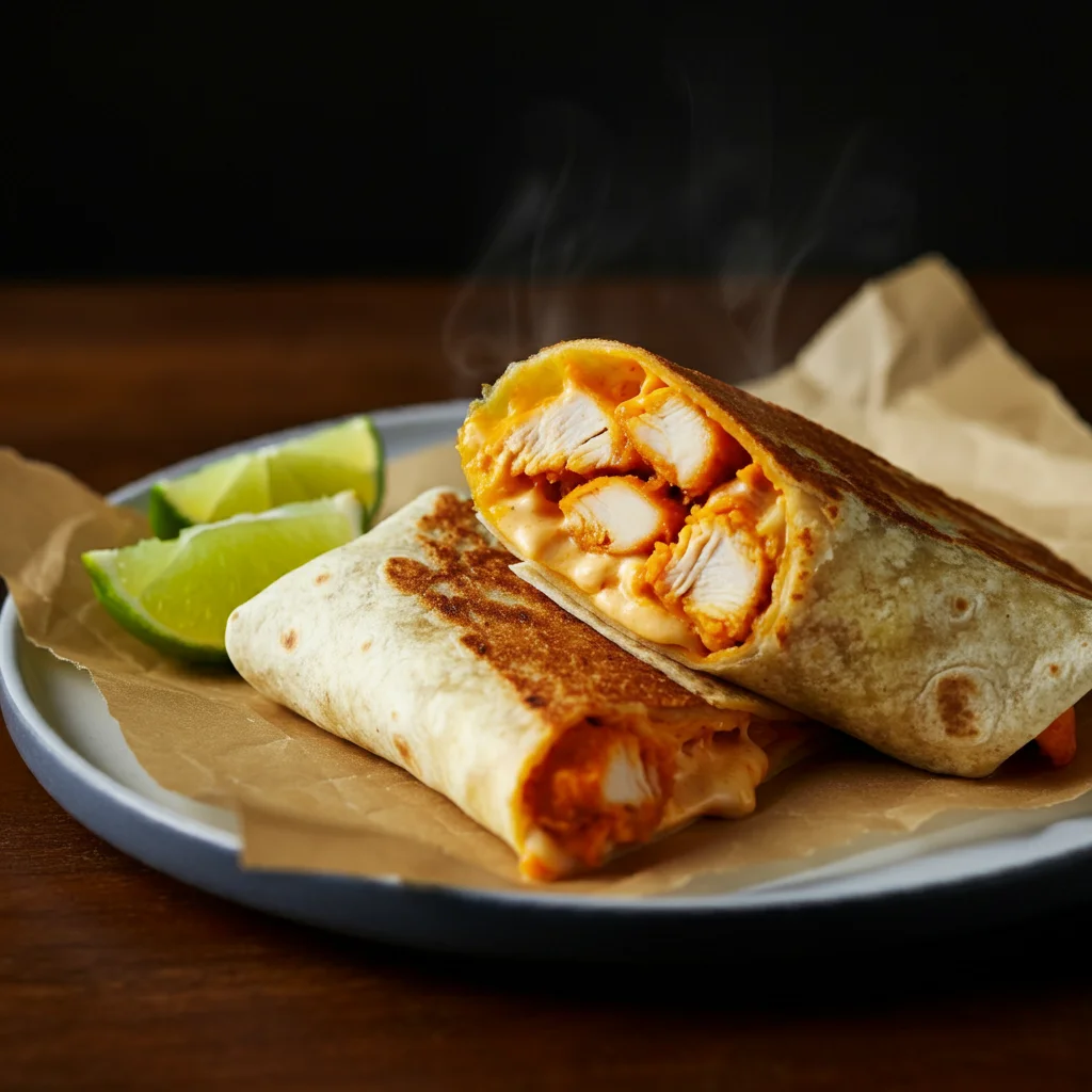 WW Buffalo Chicken Folded Wraps Rustic handheld shot of crispy Buffalo Chicken Folded Wraps on parchment paper, topped with lettuce and buffalo sauce, surrounded by lime wedges and guacamole.