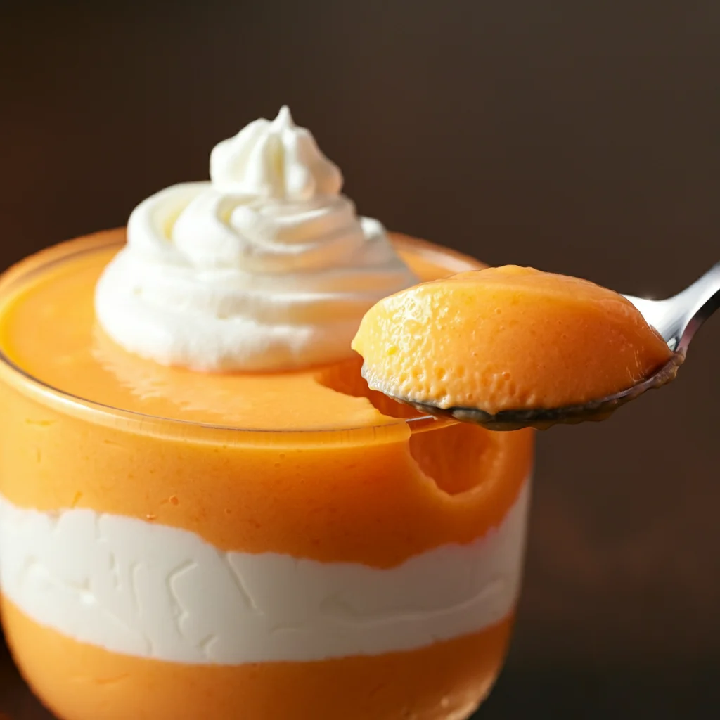 WW Greek Yogurt and Sugar-Free Jello Side-angle handheld shot of a glass of orange WW Greek Yogurt and Sugar-Free Jello dessert with whipped cream on top and a spoon resting inside.