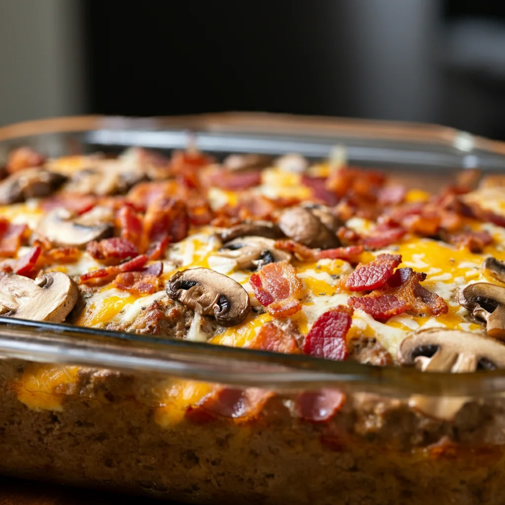 Savory Mushroom Swiss Bacon Meatloaf Close-up handheld shot of Mushroom Swiss Bacon Meatloaf Casserole with melted cheese, bacon, and mushrooms, set on a cozy kitchen counter.