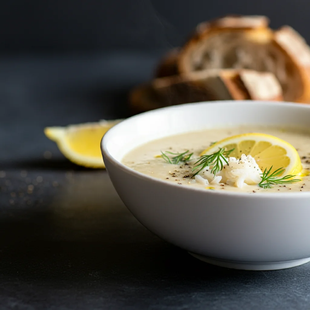 WW Avgolemono Soup
Side-angle mobile shot of WW Avgolemono Soup in a white bowl, topped with dill and black pepper, with bread and lemon slices in the background.