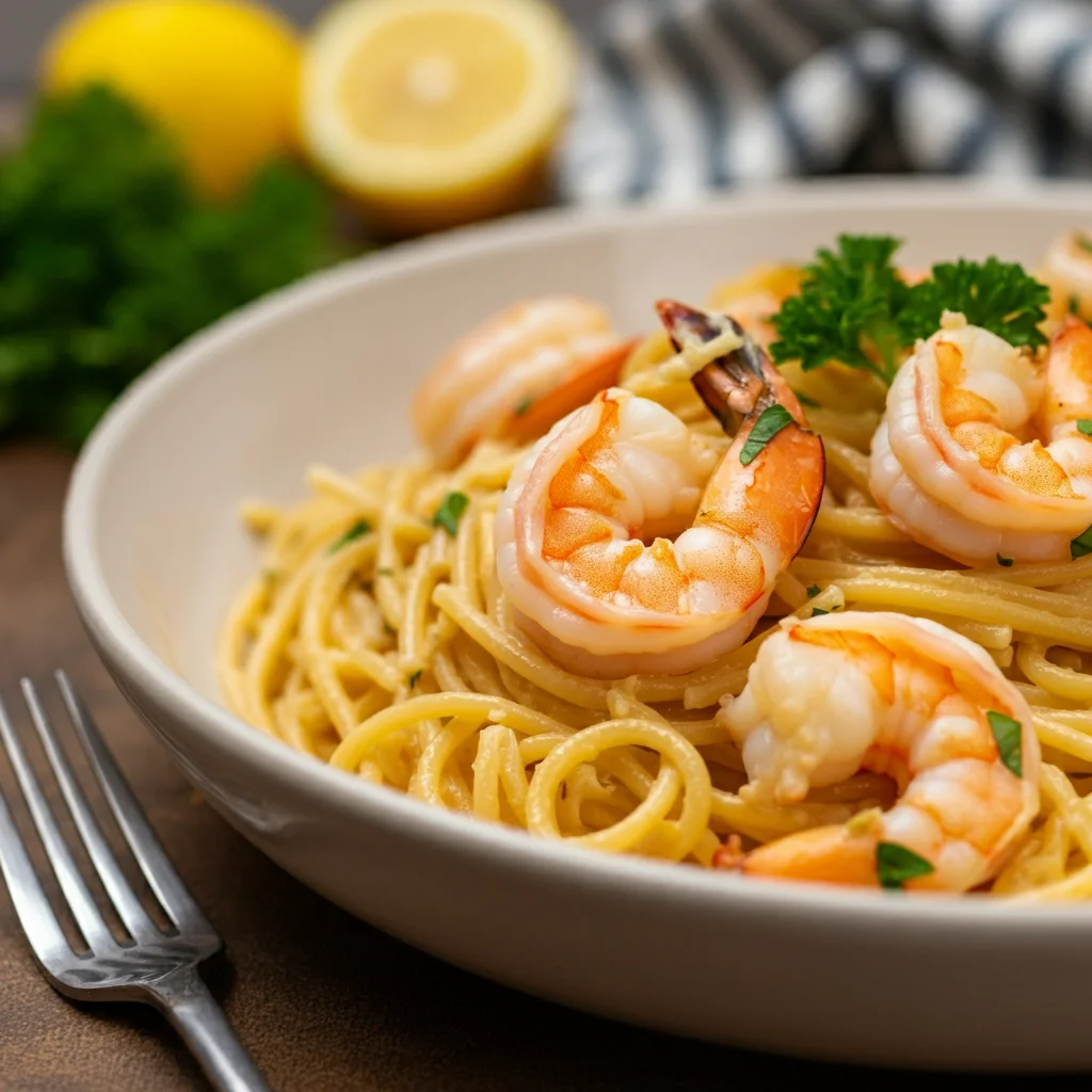 WW Shrimp Scampi Pasta Side-angle mobile shot of Shrimp Scampi Pasta with glistening shrimp, spaghetti, and parsley garnish, captured on a warm-toned wooden table.