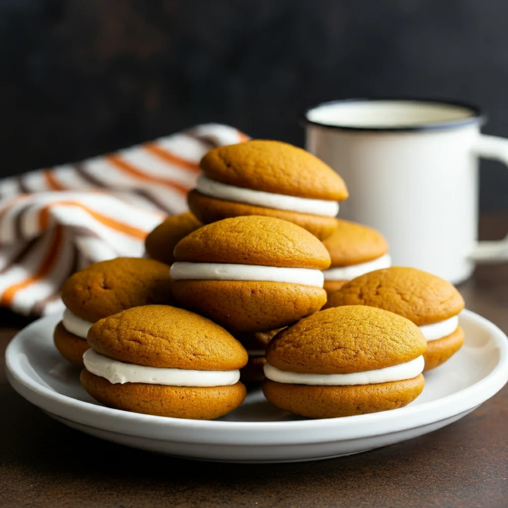 2 Point Pumpkin Whoopie Pies Side-angle handheld shot of Pumpkin Whoopie Pies stacked on a plate, highlighting their soft texture and creamy filling, with a striped kitchen towel in the background.