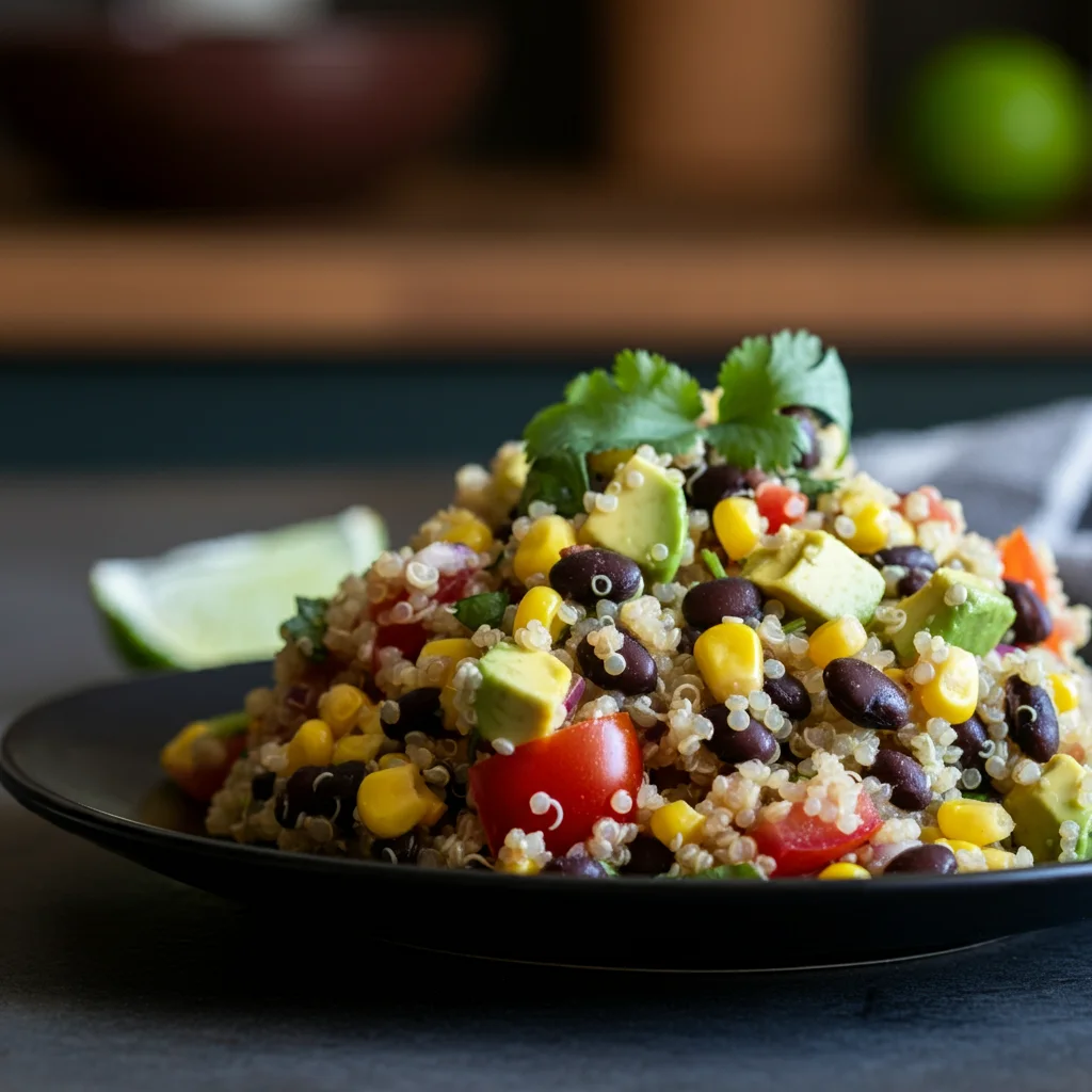 WW Black Bean Quinoa Salad Side-angle handheld shot of Black Bean Quinoa Salad on a black plate, highlighting vibrant ingredients like avocado, corn, and tomatoes, with a rustic kitchen setting in the background.