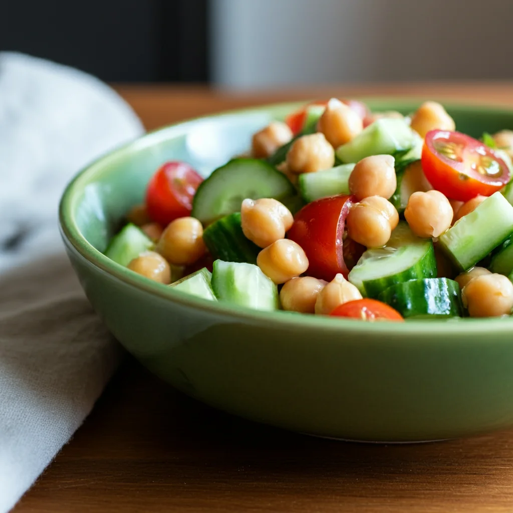 WW Chickpea Cucumber Feta Salad Handheld shot of Cucumber Chickpea Salad in a green ceramic bowl with cucumber, chickpeas, tomatoes, feta, and dill, with a spoon resting on the side..