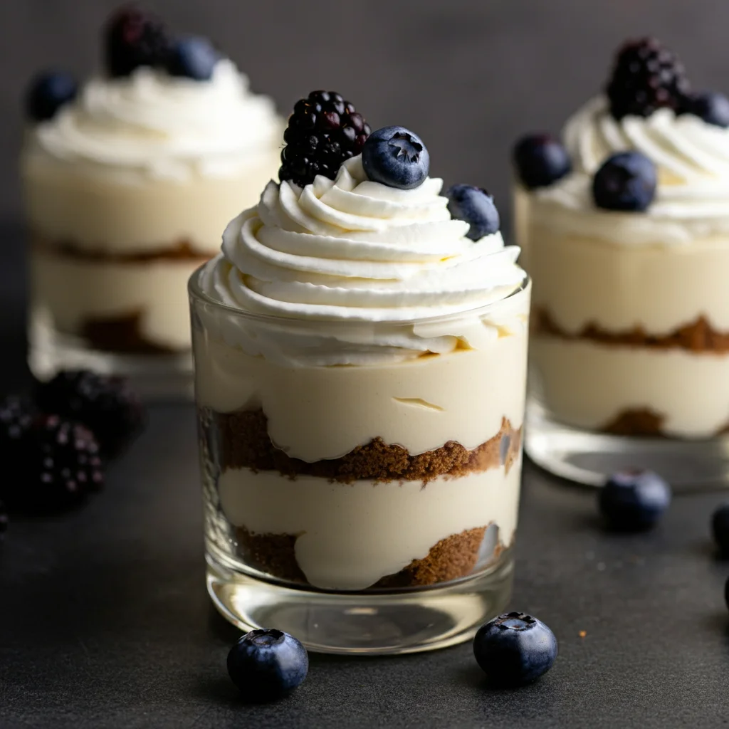 Keto Fluffy Cheesecake Side-angle handheld shot of Keto Cheesecake Mousse in a glass cup, topped with blueberries and a blackberry, with additional cups and berries blurred in the background.