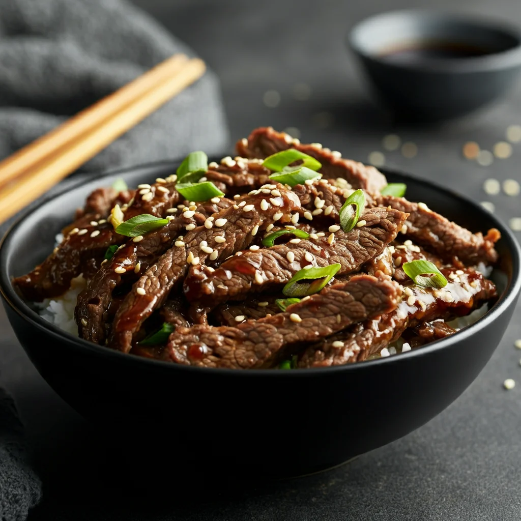 Keto Beef Bulgogi Side-angle shot of Keto Beef Bulgogi in a black bowl, highlighting glossy, caramelized beef strips with sesame seeds, chopsticks, and a blurred background for depth.