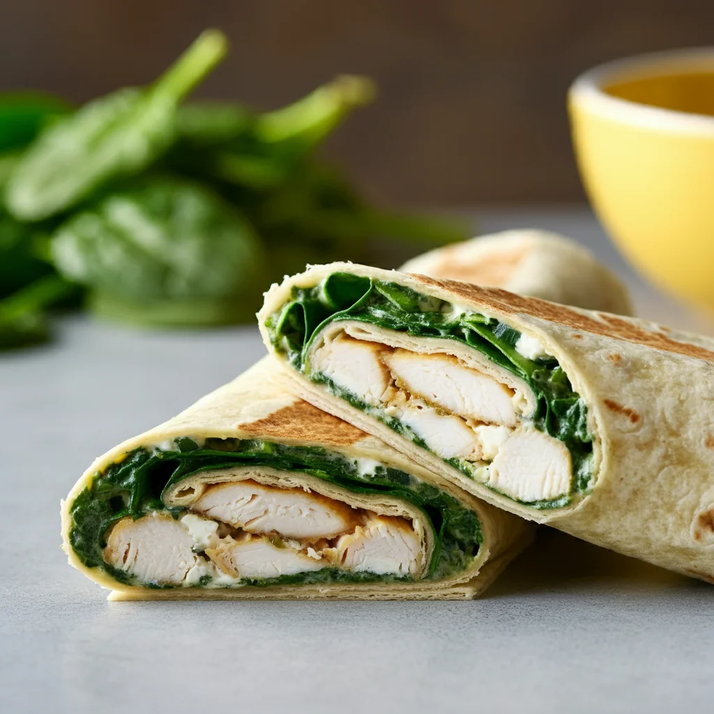 High-Protein Chicken, Spinach, and Feta Wraps Close-up of sliced wraps showing creamy chicken filling and spinach. Casual crumbs on the countertop with spinach leaves in the blurred background.