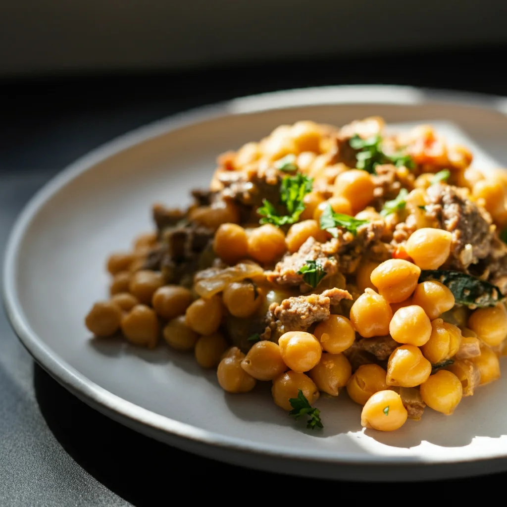 High-Protein Philly Cheesesteak Chickpea Pasta Overhead shot of creamy High-Protein Philly Cheesesteak Chickpea Pasta on a white plate, topped with parsley and sautéed vegetables.