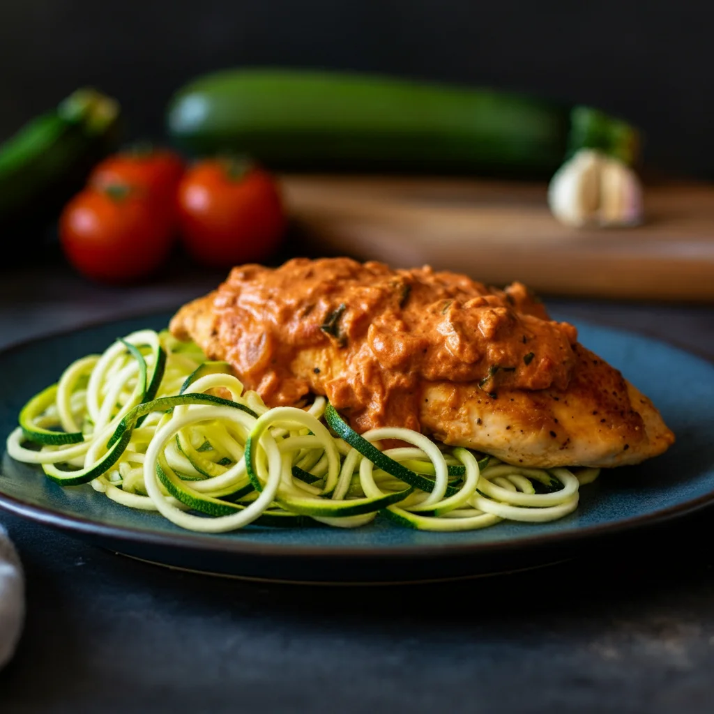 High-Protein Chicken Cutlets and Zoochi Noodles Side view of High-Protein Chicken Cutlets and Zoochi Noodles with creamy tomato sauce, zucchini noodles, and fresh garnishes, set in a homey kitchen background.