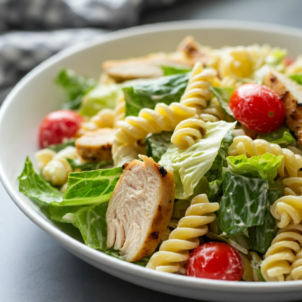 Chicken Caesar Pasta Salad Side-angle shot of Chicken Caesar Pasta Salad in a white bowl, featuring pasta, grilled chicken, lettuce, and cherry tomatoes with Caesar dressing.