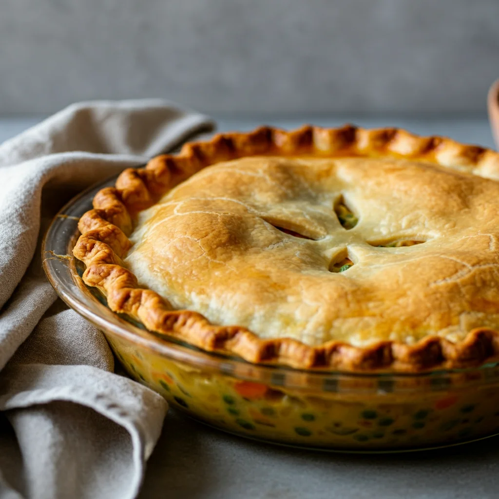 High-Protein Chicken Pot Pie Close-up of crustless chicken pot pie, golden crust, and colorful filling with a linen towel and wooden spoon nearby, taken from a higher angle.