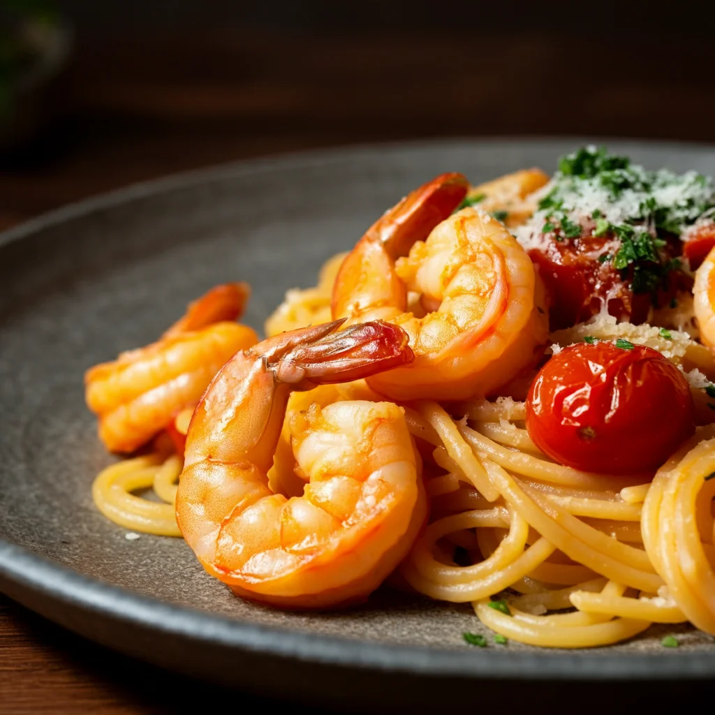 High-Protein Shrimp and Cherry Tomato Pasta Close-up side angle of shrimp pasta with tomato sauce, parsley, and Parmesan on a rustic plate, taken with natural, casual lighting.