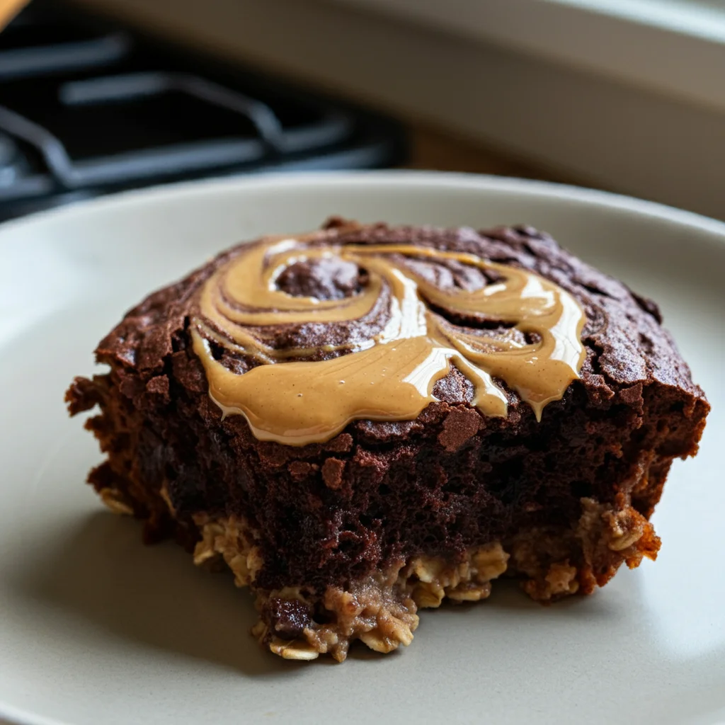 High-Protein Peanut Butter Brownie Baked Oats Close-up of High-Protein Peanut Butter Brownie Baked Oats showing gooey texture and peanut butter swirls in natural lighting.