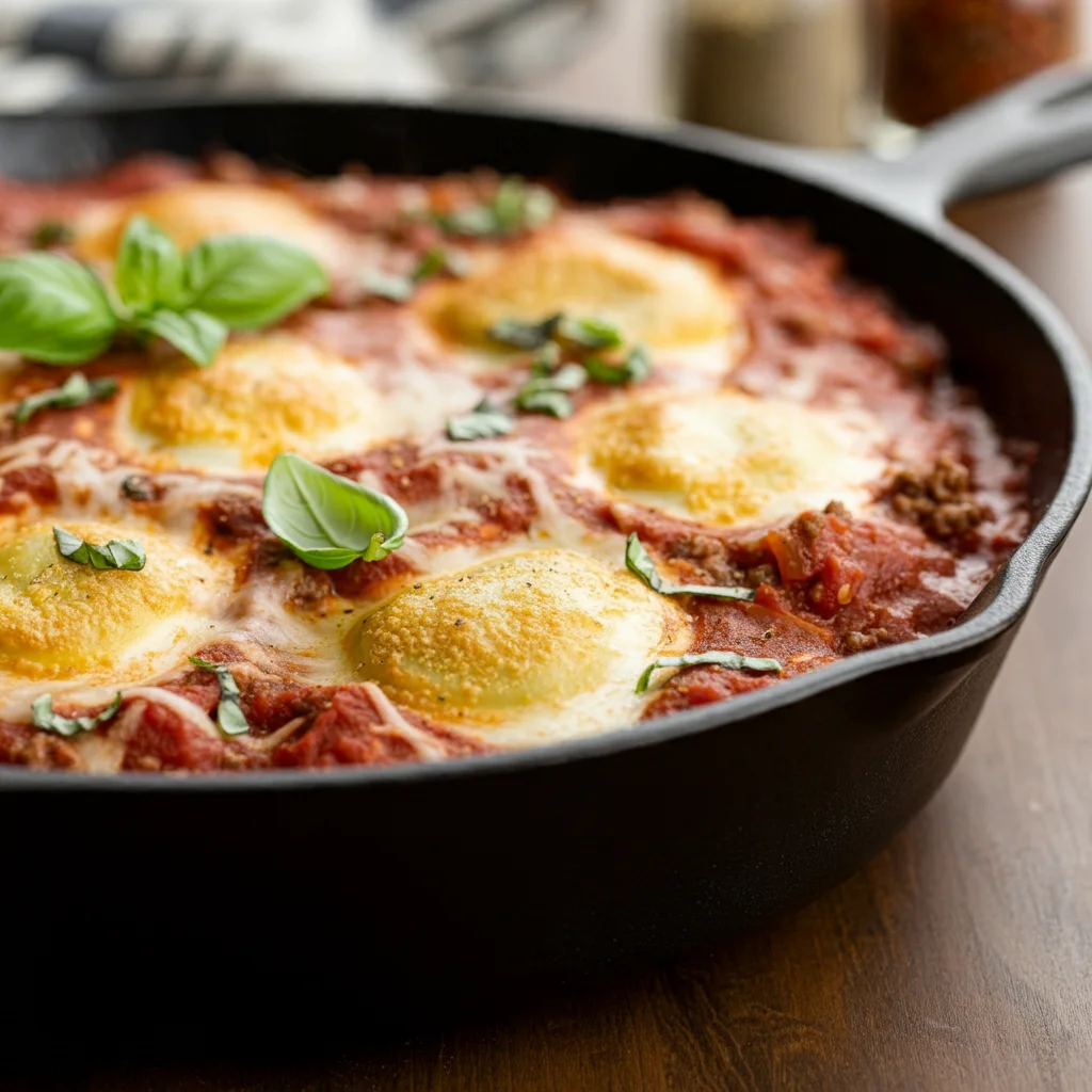 High-Protein Skillet Ravioli Lasagna Close-up of bubbling skillet ravioli lasagna with gooey cheese and rich sauce, on a wooden countertop with a serving spoon in the dish.