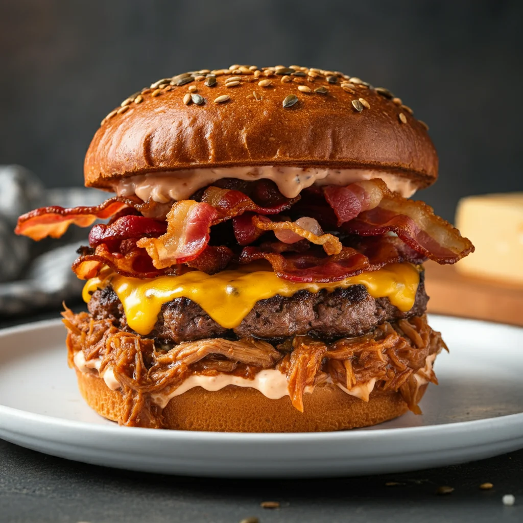 Stacked Carnivore Burgers Close-up of a stacked carnivore burger on a white plate, showing layers of bacon, cheese, beef patty, egg yolk, and pulled pork.