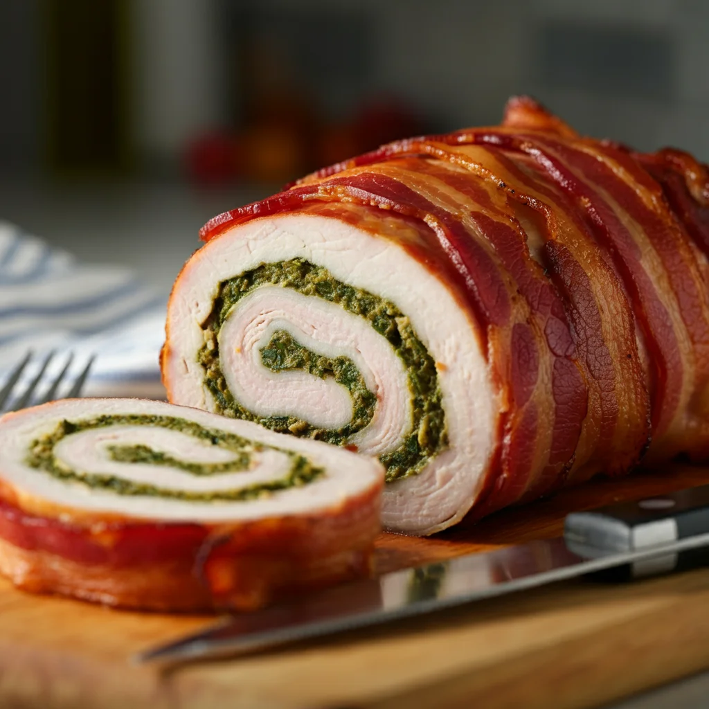 Tuscan Close-up of Turketta slices on a wooden cutting board, highlighting the bacon crust and herb layers, with a knife nearby and a soft kitchen background.