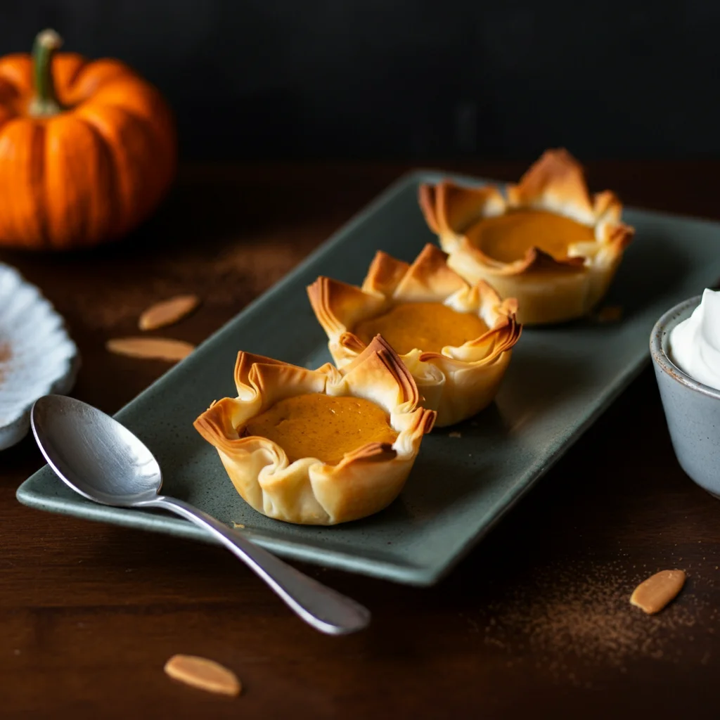 5-ingredient Pumpkin Pie Tartlets Top-down diagonal shot of tartlets on a plate, with a spoon and whipped cream bowl nearby in a home-style setting.