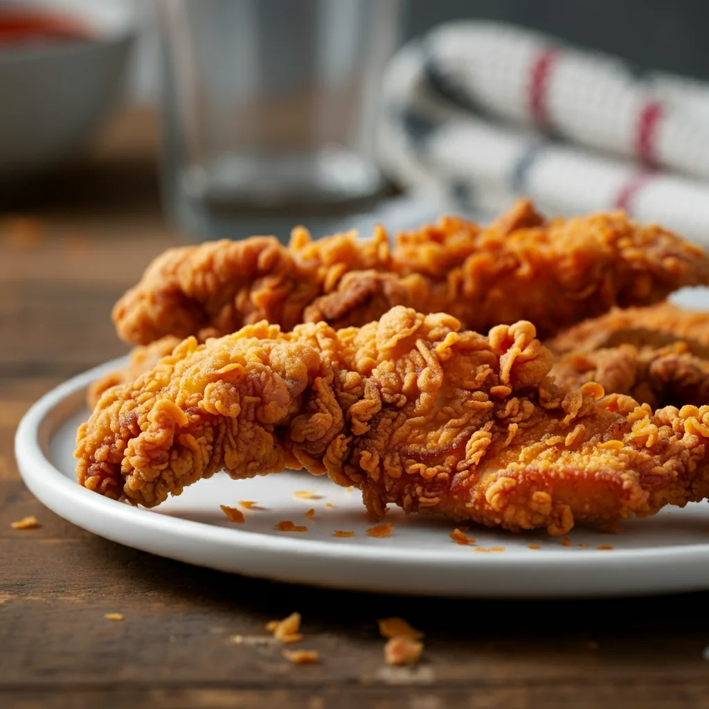 Carnivore Fried Chicken Strips Close-up of crunchy golden chicken strips on a white plate, taken from a casual handheld angle on a wooden surface.