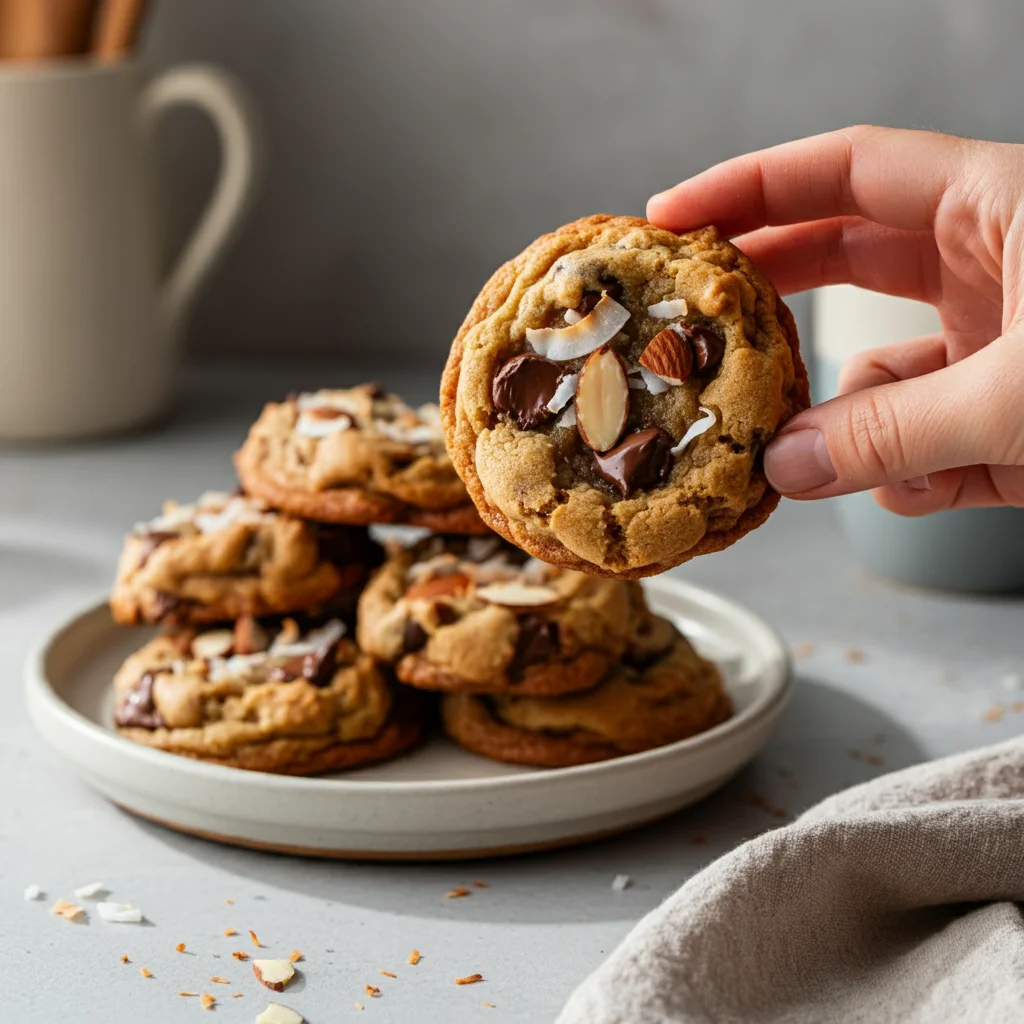 4-Ingredient Almond Joy Cookies Hand holding an Almond Joy Cookie with chocolate, coconut, and almonds; more cookies on a ceramic plate below.