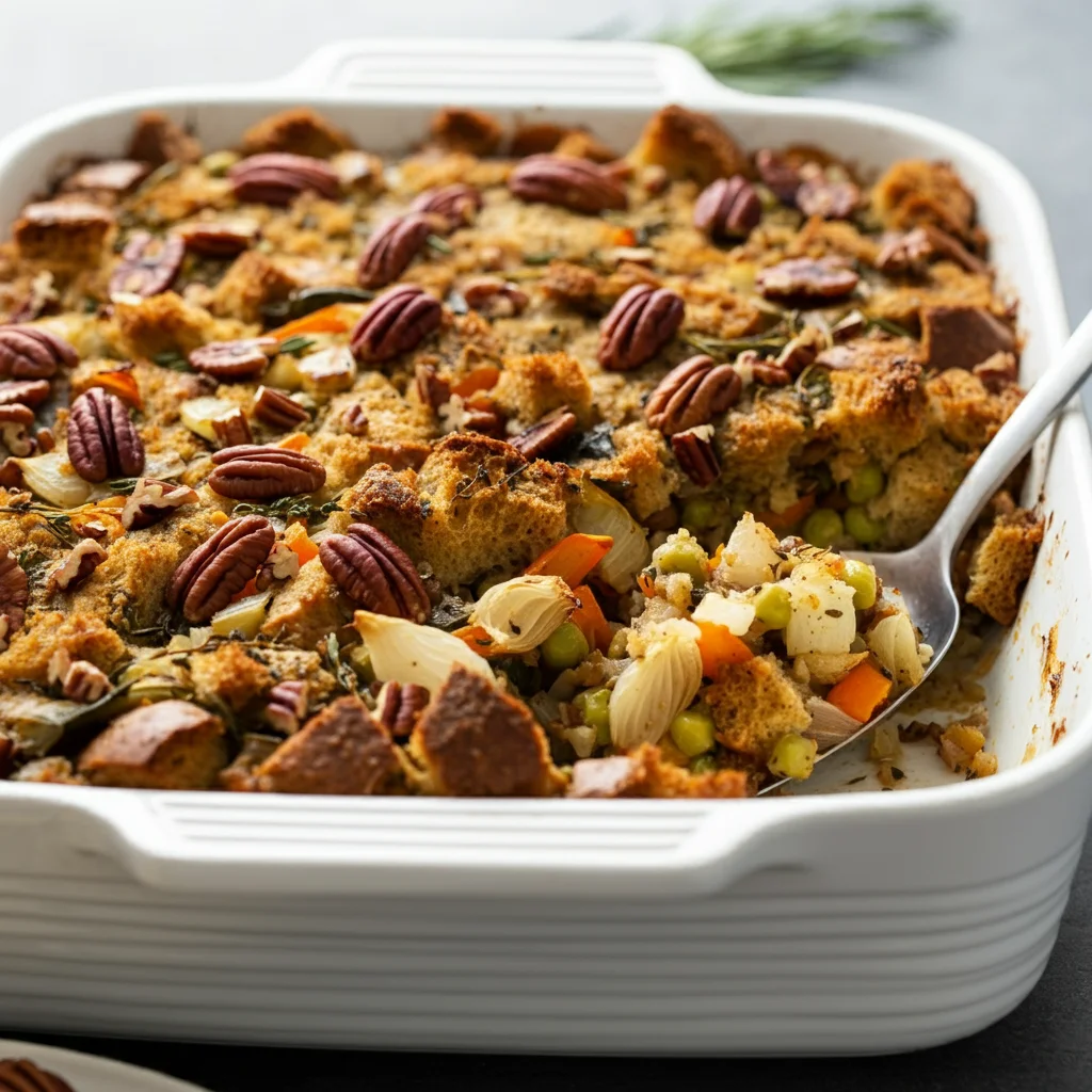 Roasted Vegetable & Herb Stuffing Side-angle handheld photo of golden roasted vegetable and herb stuffing with a serving spoon in the dish.