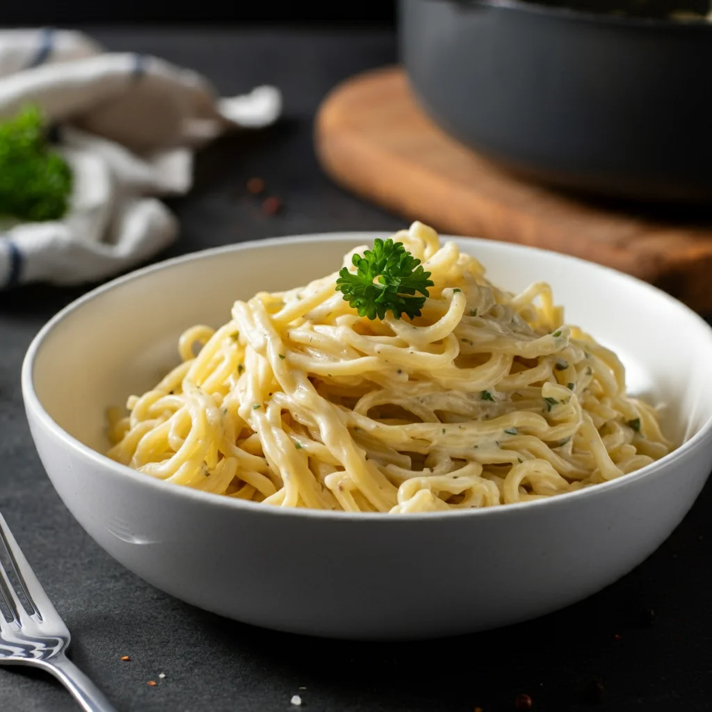 Carnivore Egg Noodles Overhead view of carnivore egg noodles in a white bowl, creamy sauce glistening, parsley garnish, with a blurred kitchen setup.