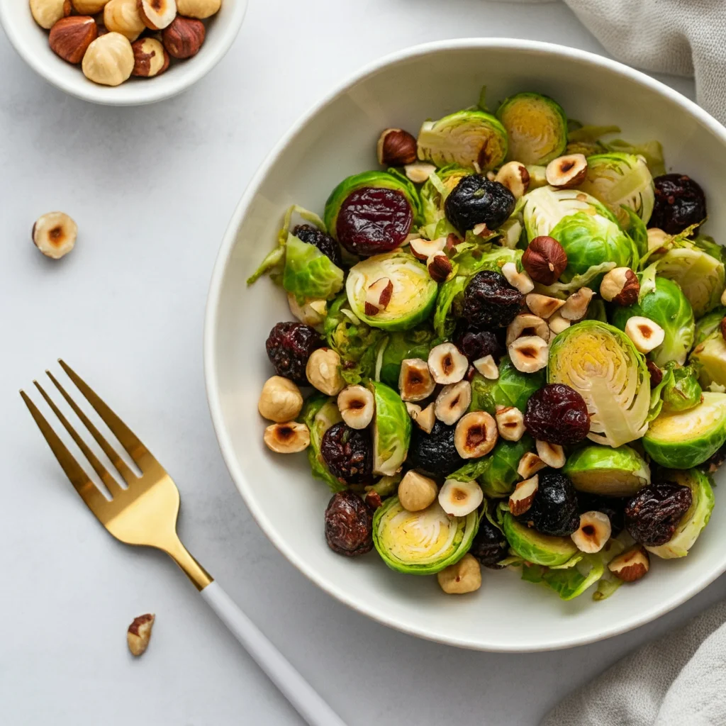 Brussels Sprouts Salad with Dried Cherries & Hazelnuts Overhead photo of Brussels Sprouts Salad with cherries and hazelnuts in a white bowl, casually styled on a light surface.