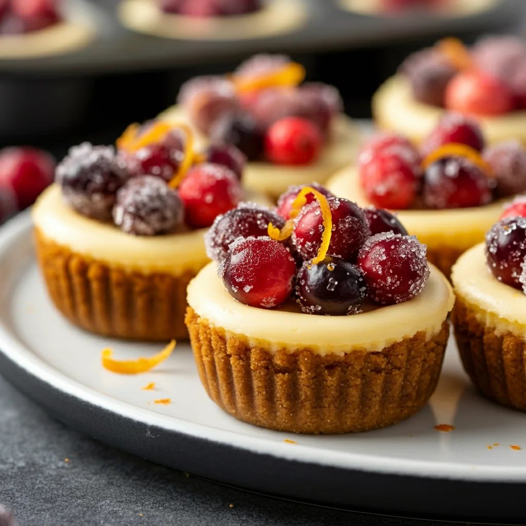 Mini Cranberry-Cheesecake Pies Side view of Mini Cranberry-Cheesecake Pies showing cheesecake filling, gingersnap crust, and sugared cranberries in soft, natural lighting.