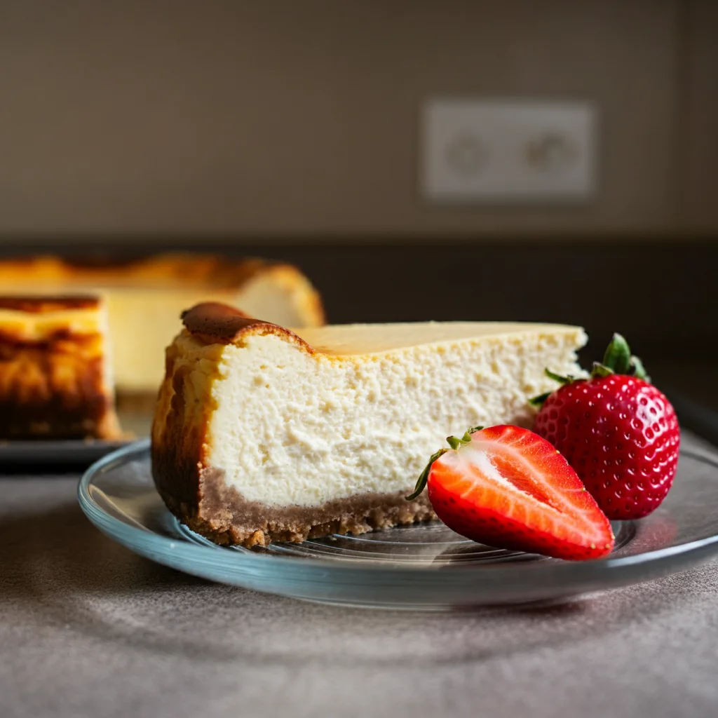 Zero Point Cheesecake Close-up of a thick slice of zero-point cheesecake with strawberries on the side, captured from a low angle to give a casual, homemade look.