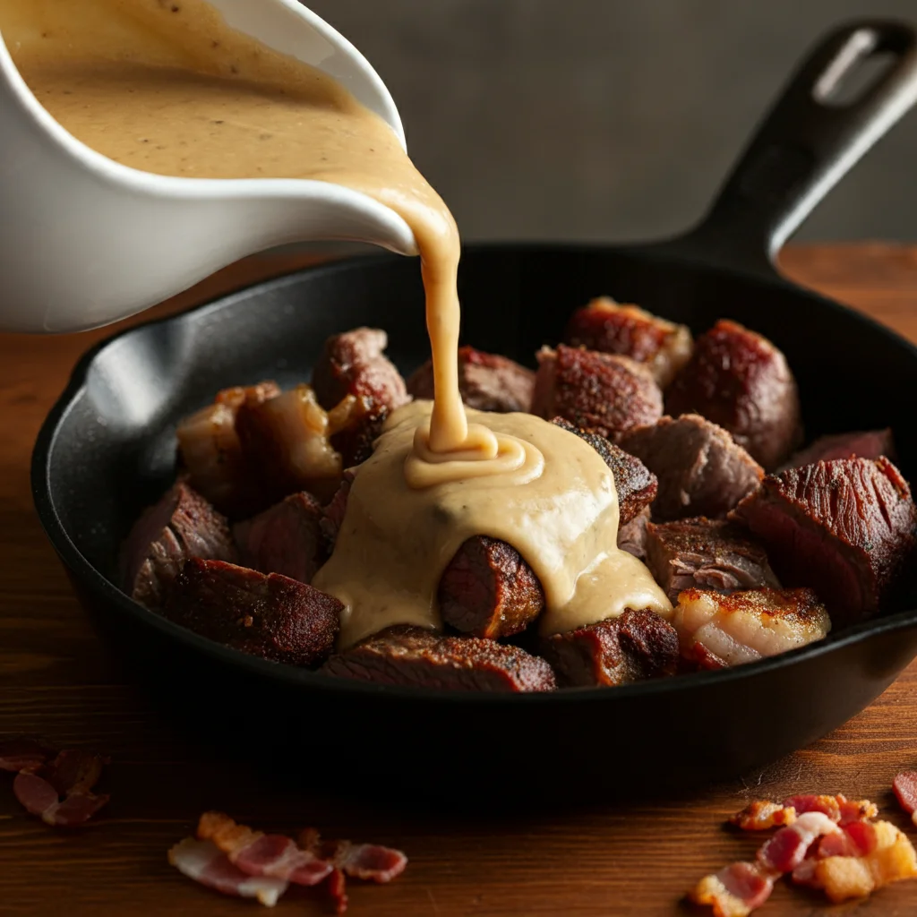 Carnivore Gravy Side view of carnivore gravy flowing over roasted meat in a skillet, with a cozy kitchen backdrop.