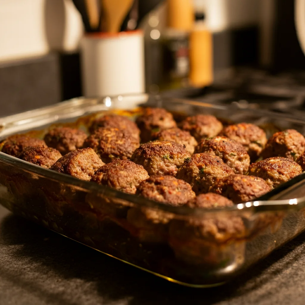 Carnivore Meatballs with Beef Heart Side view of juicy baked meatballs in a glass dish, taken with warm lighting in a cozy kitchen.