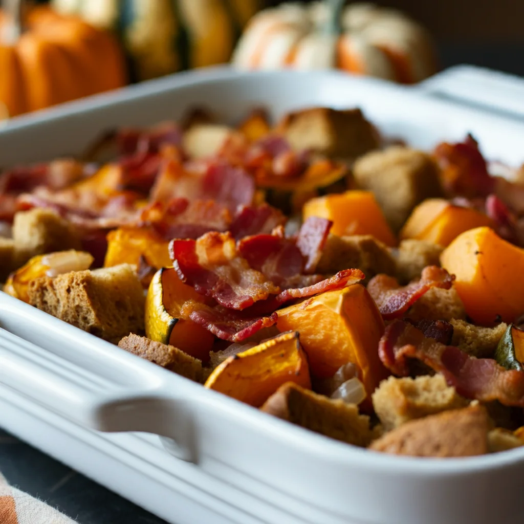 Animal-Based Thanksgiving Stuffing Close-up angled shot of animal-based Thanksgiving stuffing in a white dish, highlighting crispy bacon, tender squash, and caramelized apples.