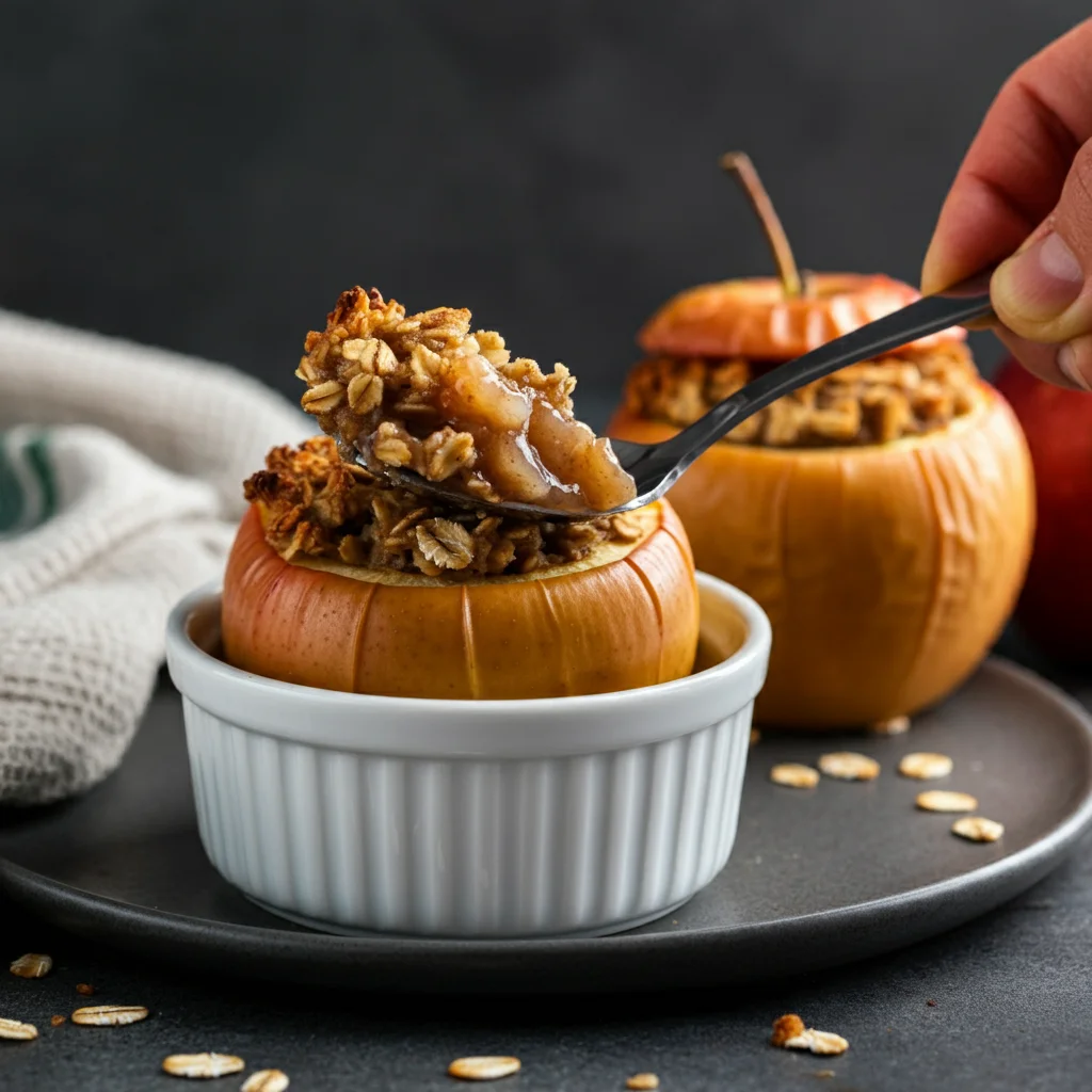 WW Baked Oat & Walnut-Stuffed Apple Handheld photo of baked oat and walnut-stuffed apple in a white ramekin with golden crisp filling and a spoon, taken on a neutral countertop.