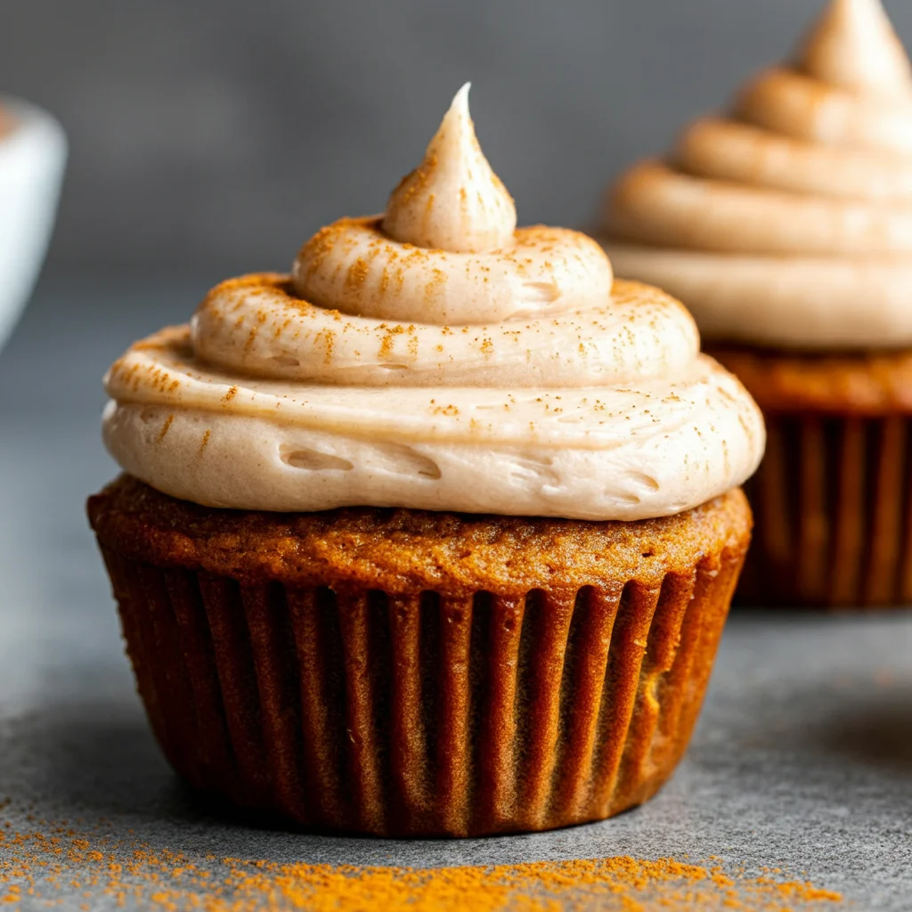 Keto Pumpkin Spice Latte Cupcakes Close-up of Keto Pumpkin Spice Latte Cupcakes with creamy frosting and pumpkin spice dust, shot from a lower angle for a homemade look.