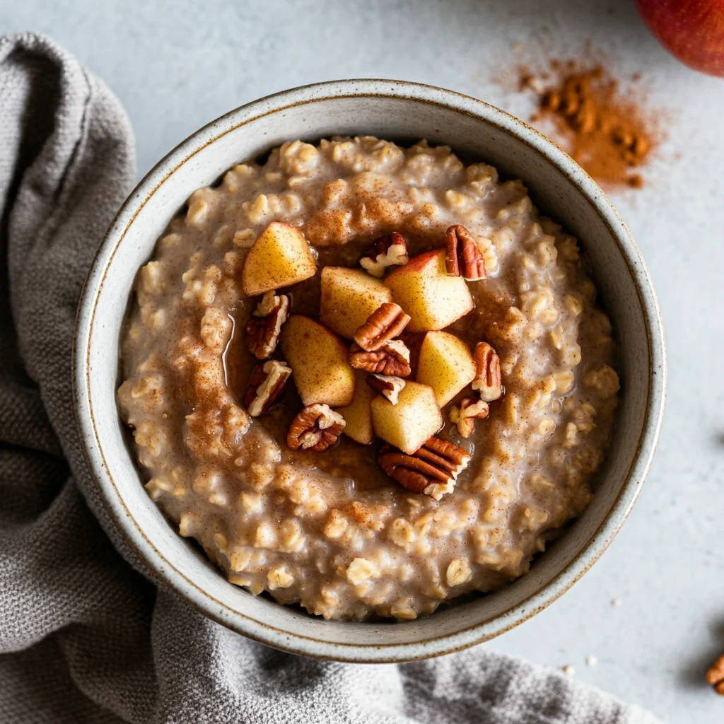 Warm Apple Cinnamon Oatmeal Overhead shot of Warm Apple Cinnamon Oatmeal in a ceramic bowl, showing creamy oats topped with apples and pecans. Slightly messy kitchen towel and soft, natural light.