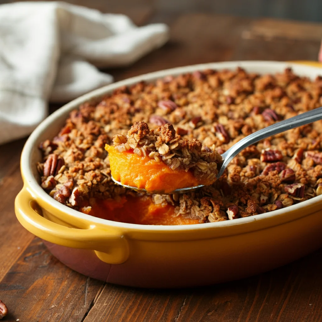 WW Sweet Potato Casserole Side view of WW Sweet Potato Casserole showing golden oat-pecan topping and creamy filling on a rustic white tablecloth.