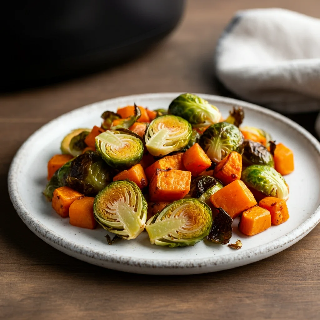 WW Air Fryer Sweet Potatoes & Brussels Sprouts Side-angle view of roasted Brussels sprouts and sweet potatoes on a white plate, placed on a wooden table with a cozy kitchen vibe.