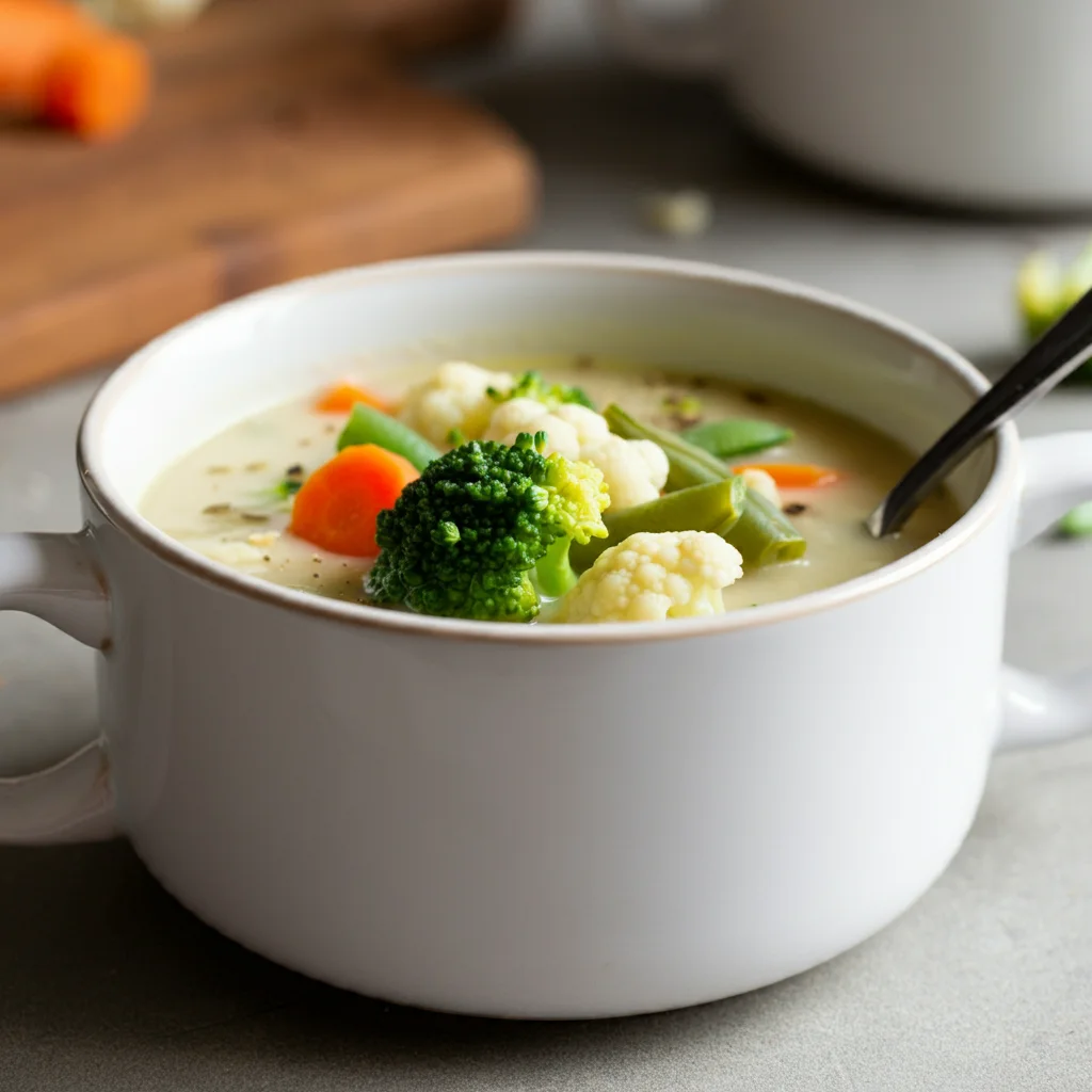 Zero Point Weight Watchers Cauliflower Soup Overhead view of WW Cauliflower Soup in a white bowl, showing creamy texture and chunky vegetables like broccoli and carrots.