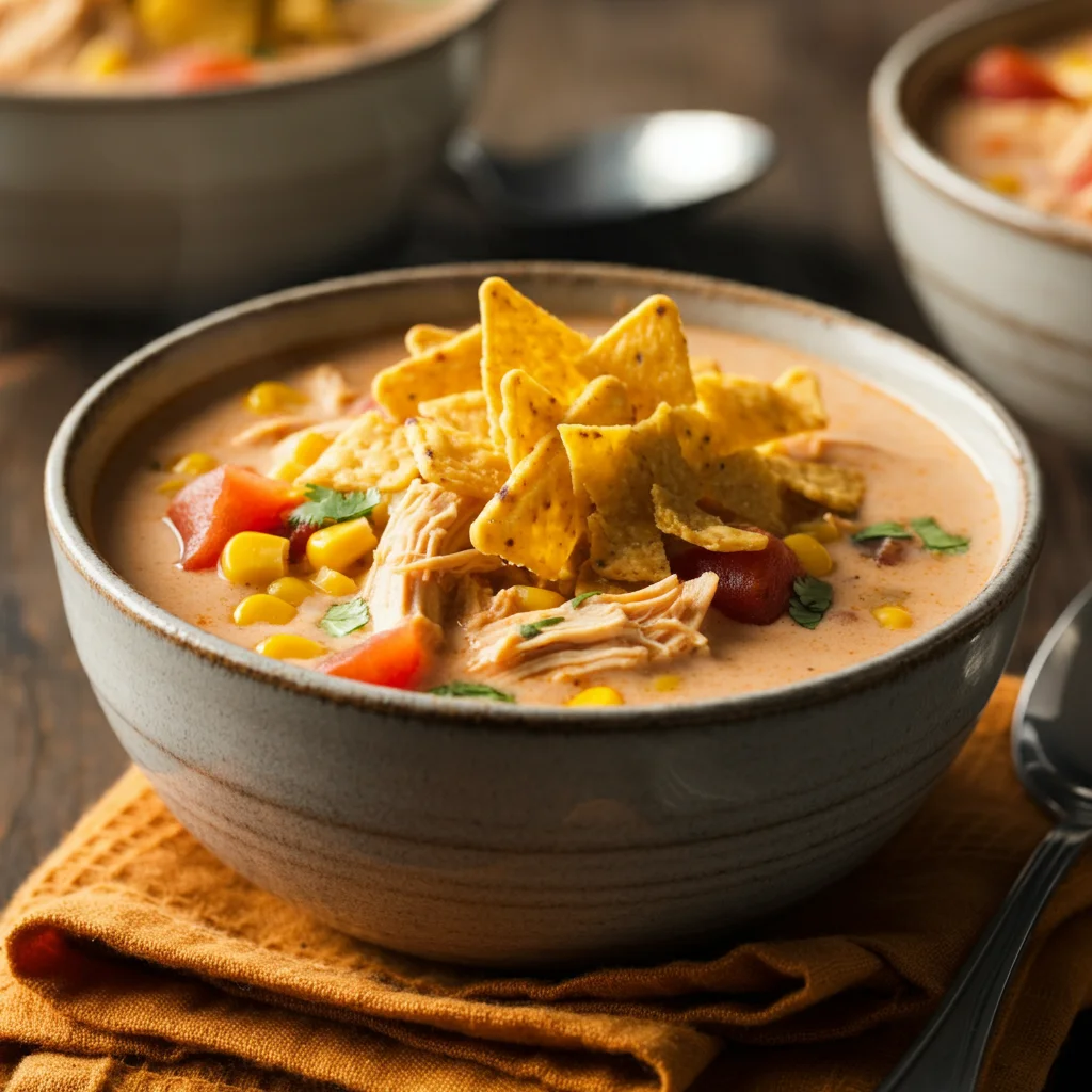 0-Point Creamy Chicken Tortilla Soup Another angle of WW Creamy Chicken Tortilla Soup in a rustic bowl, showing thick, creamy texture with chicken and tortilla chips.