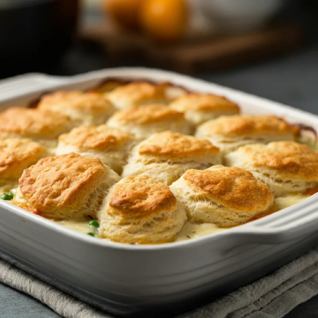 Chicken Pot Pie Bubble Up Casserole Close-up of golden biscuits and creamy filling in Chicken Pot Pie Bubble Up Casserole, taken at a tilted angle.