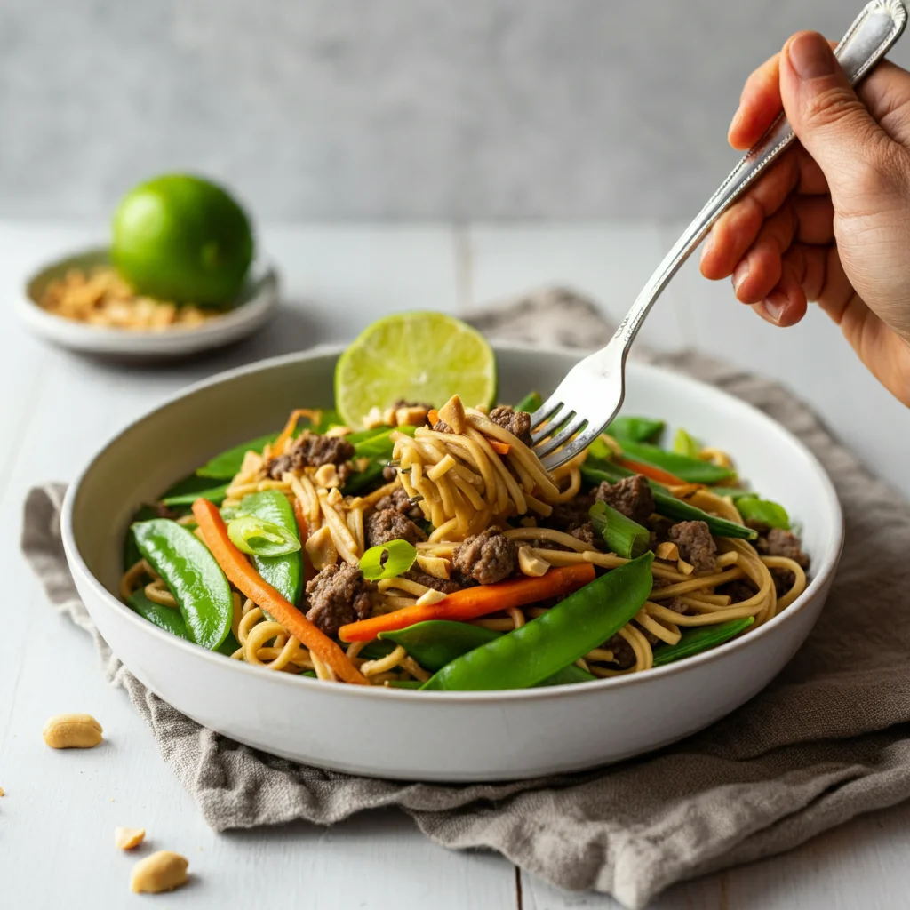 High-Protein Ground Beef and Snap Pea Rice-Noodle Stir-Fry High-Protein Ground Beef and Snap Pea Rice-Noodle Stir-Fry photographed from a side angle, showing vibrant veggies and noodles on a woven placemat.