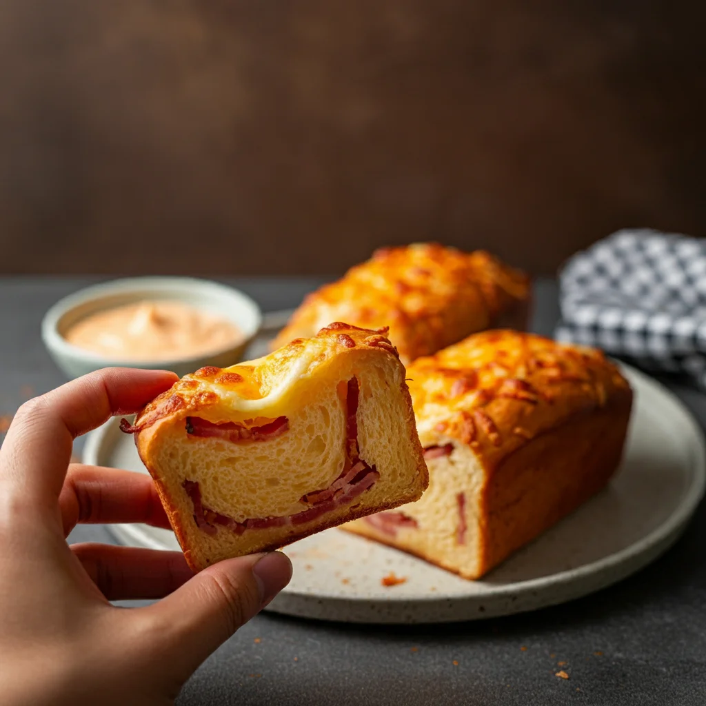 Carnivore Cheese Bacon Bread A hand holding a thin slice of Carnivore Cheese Bacon Bread with melted cheese and crispy bacon, with more slices on a plate in the background.