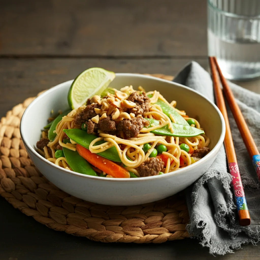 High-Protein Ground Beef & Snap Pea Rice Noodle Stir-Fry Noodle Stir-Fry on a white plate, with a hand holding a fork over the dish in a professional setup.